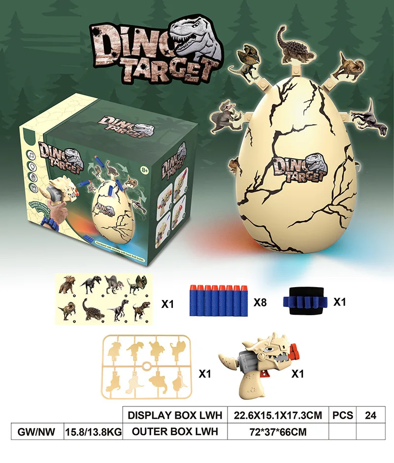 New electric dinosaur egg shooting target game toys gun with foam bullet for kids dinosaur rotate target with light and sound