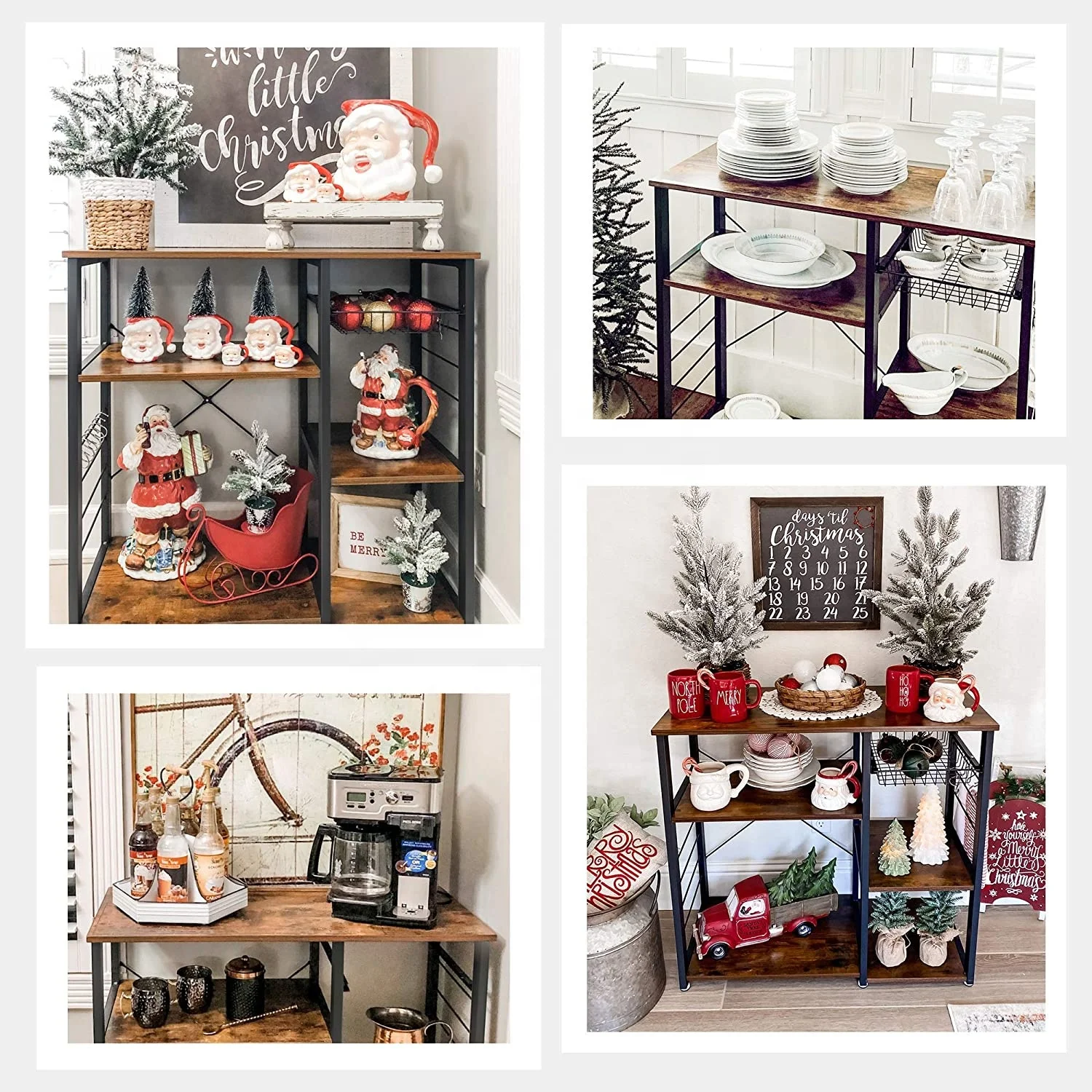 Kitchen Rack, Coffee Bar with Wire Basket 6 Hooks Microwave Oven Stand Metal Frame Wood Look, 35.4 Inch