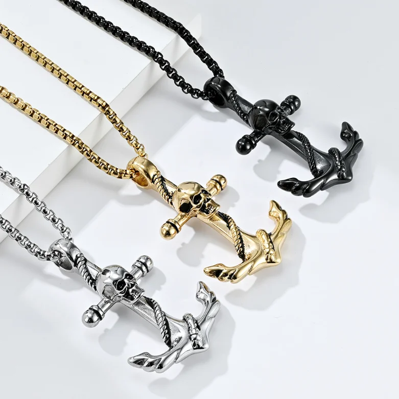 Vintage Stainless Steel Skeleton Anchor Pendant Jewelry Necklace Hip Hop Custom Plated 18k Gold Steel Black Pendant Necklace Men