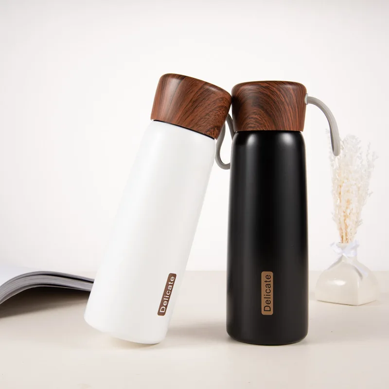 New Arrival 400ml 500ml Insulated Thermos Water Cup Stainless Steel Double Wall Vacuum Flask with Wood Pattern