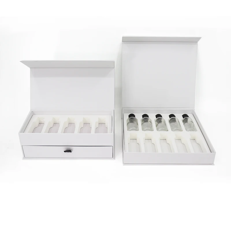 Eco friendly Rigid Cardboard Double Layer Magnetic Drawer Box with EVA Foam Insert for Skincare Collection Packing Glass Bottle