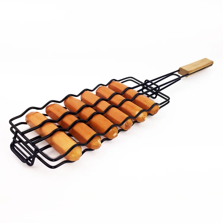 
black bbq grill mesh net for sausage barbecue basket with wooden handle 