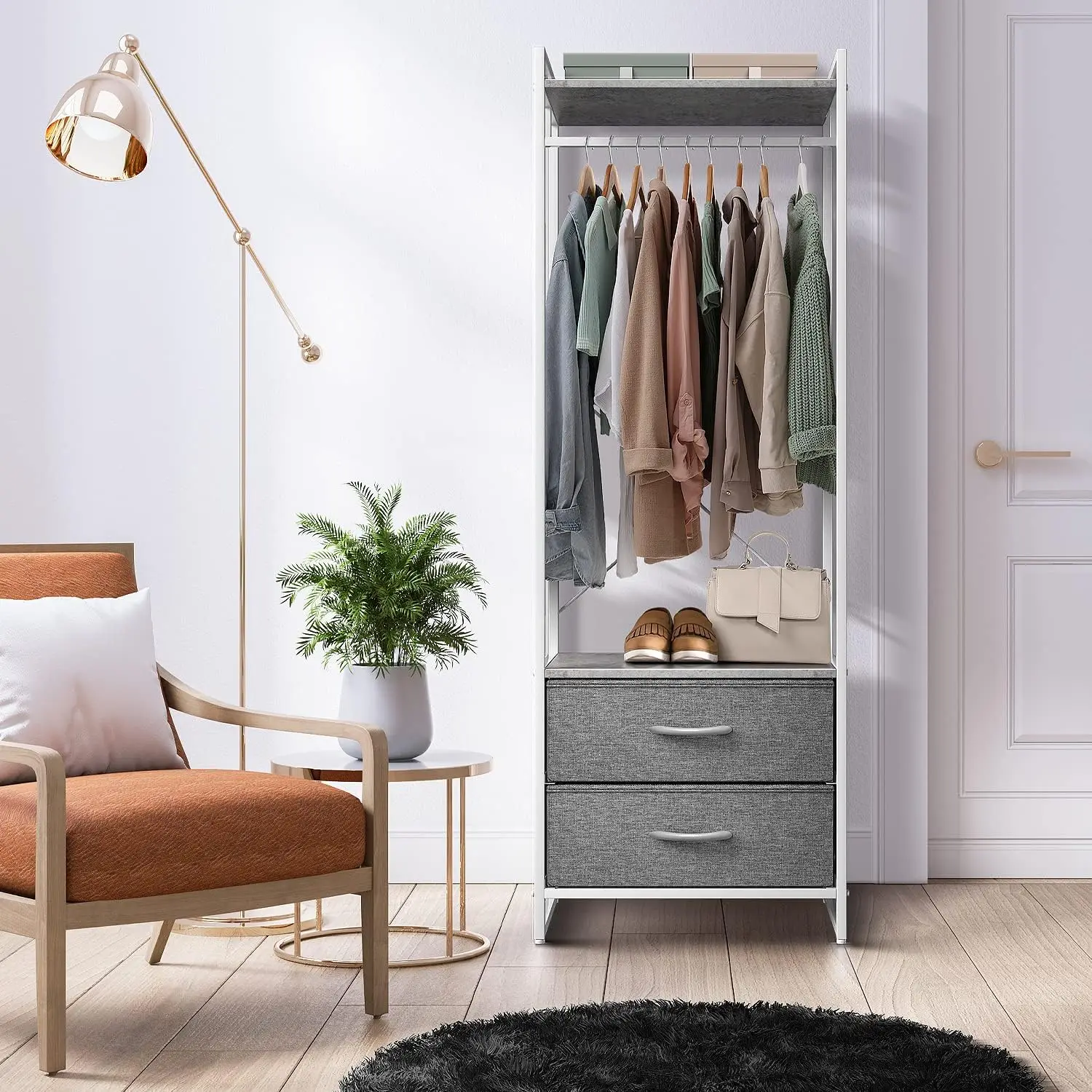 Custom Wood Top, Steel Frame, Fabric Drawers - Tall Closet Storage Organizer for Hanging Shirts, Dresses, Jackets Clothing Rack