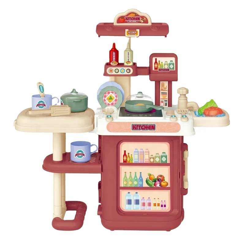 3-in-1 Plastic Happy Kitchen Cooking Set for Kids Toddlers and Preschoolers Unisex Toy Kitchen with Trolley Case Box Packed
