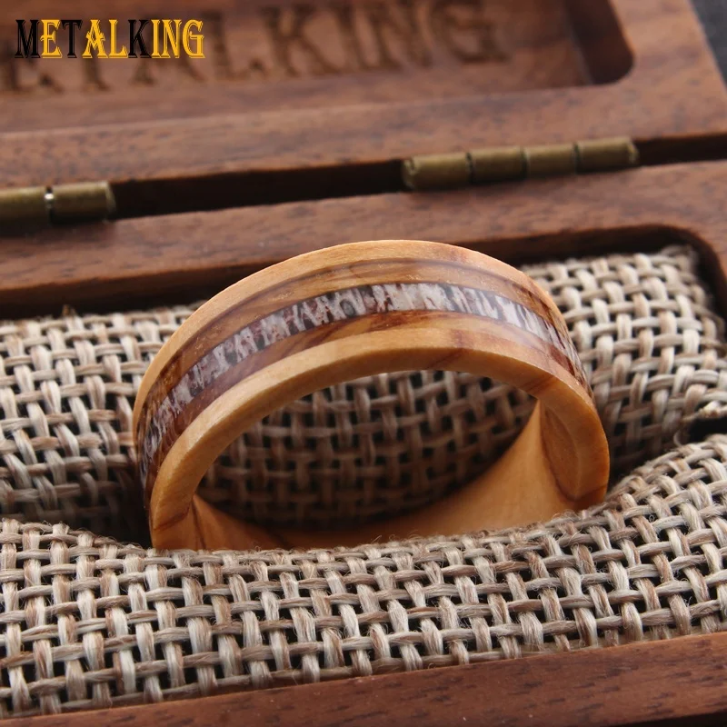 Oliver wood ring with Nature Antler Whiskey Barrel Wood Inlay, Mens Wedding Ring,