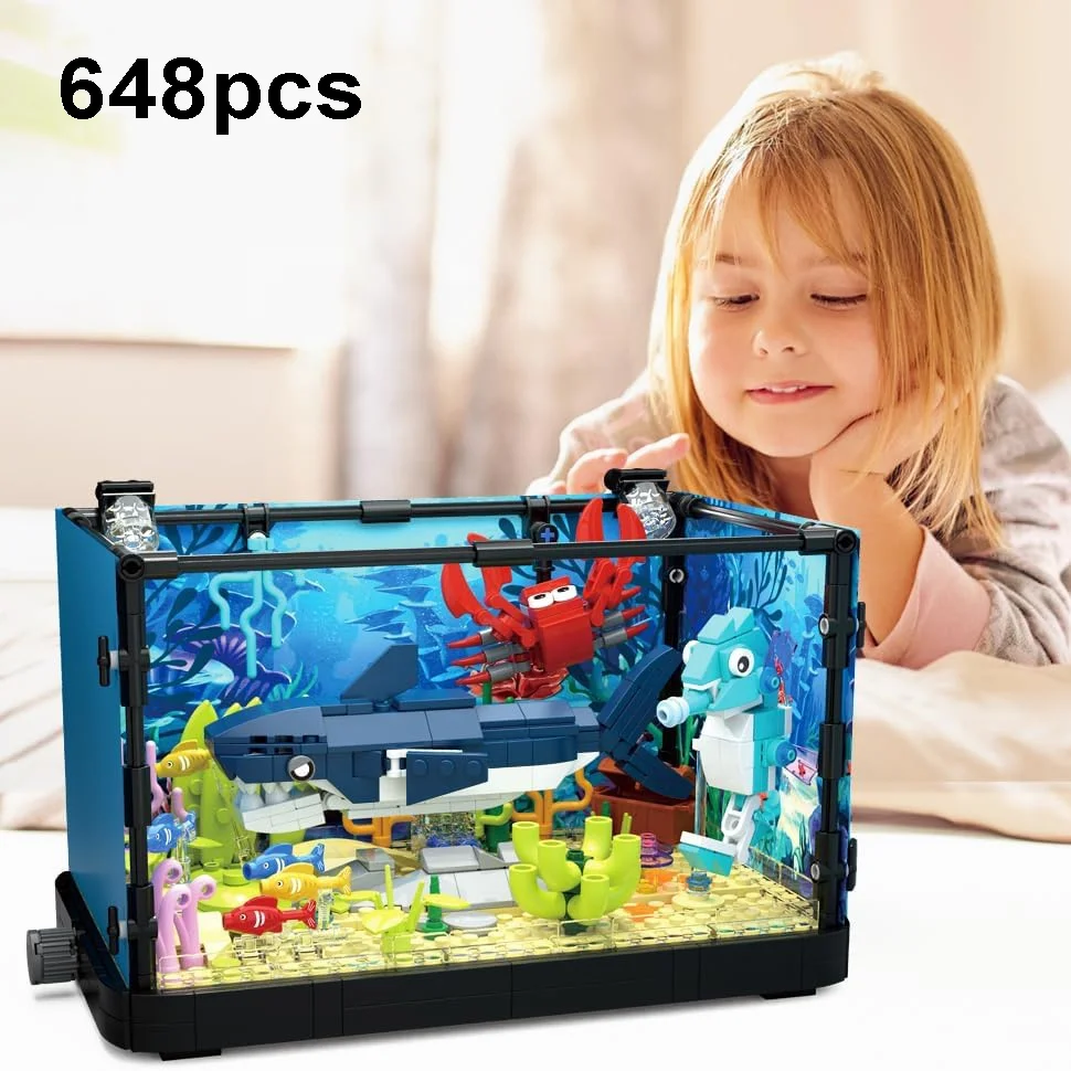 MOC Marine Organism Aquaria Building Blocks Set Movable Aquatic Animal Fish tank Aquarium DIY Assemble Bricks Toy Kit with Light