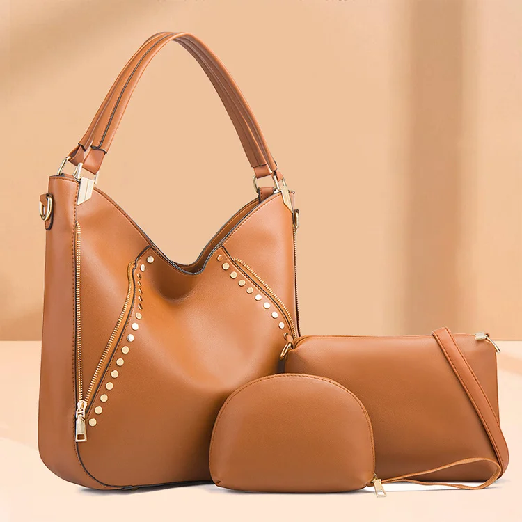 
Latest Custom LOGO Classic Rivet Design Top Quality 3 in 1 Women Hand Bag Sets 3 Piece Handbags Ladies Leather Handbag Set 