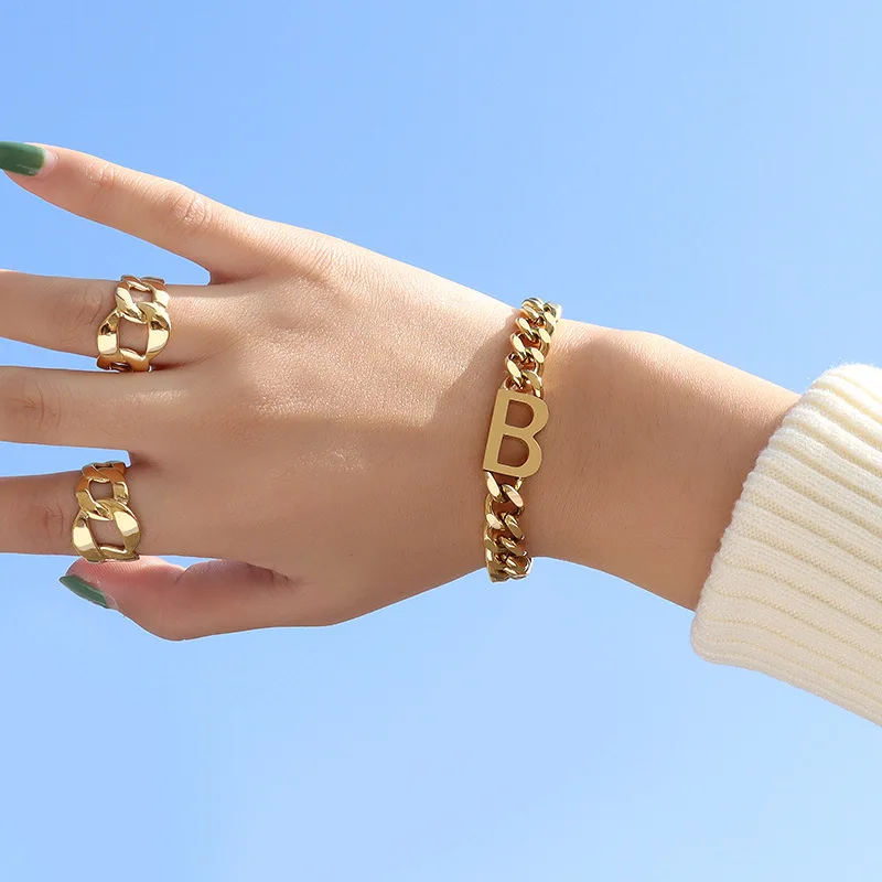Welwish Новинка 18K Настоящее золото 9 мм преувеличенный хип-хоп Толстая кубинская цепь Алфавит нержавеющая Буква B браслет для женщин