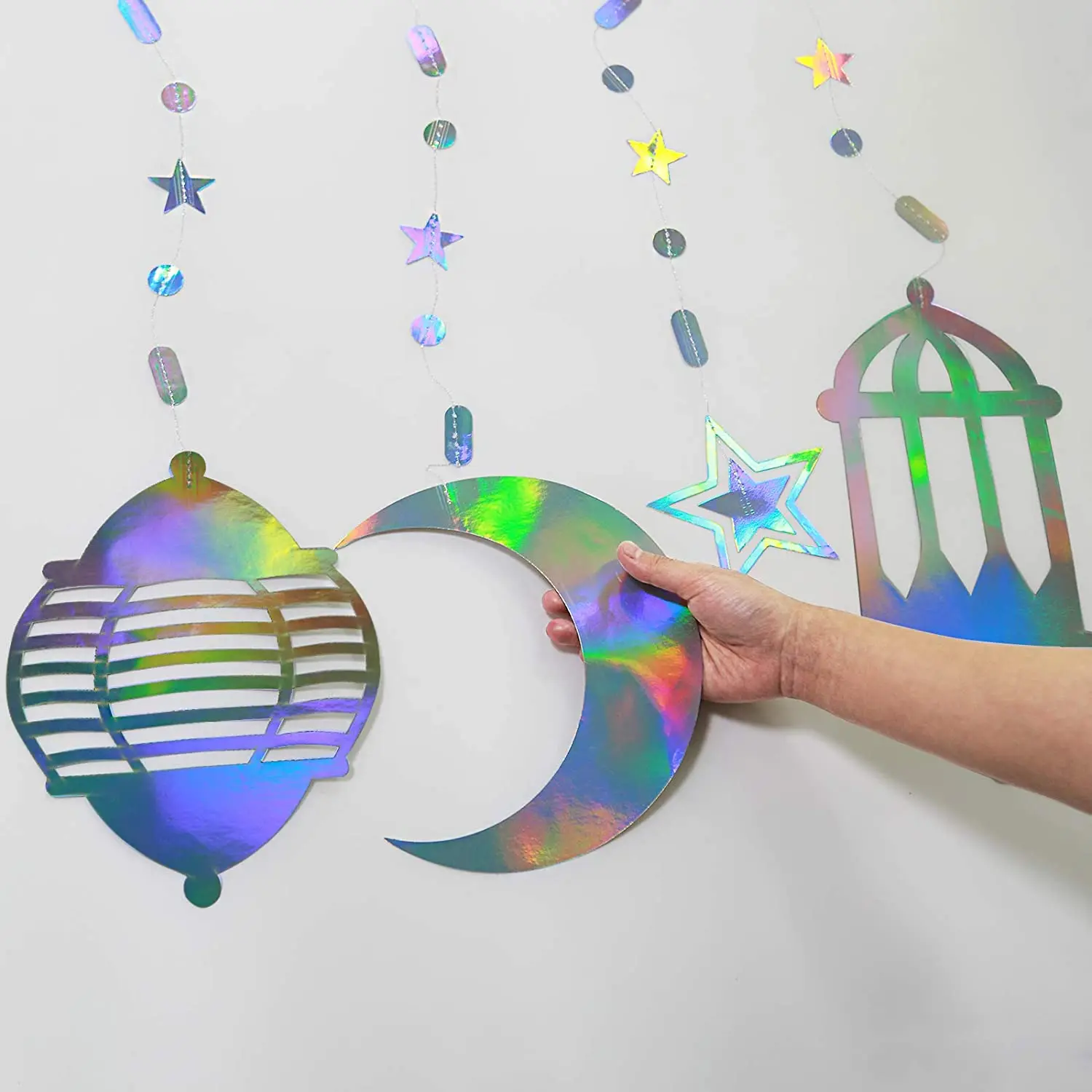 Nicro Laser Iridescent Star Moon Lantern Ramadan Garland Happy Eid Ramadan Decor Euphoria Hanging Streamer Islam Backdrop Banner