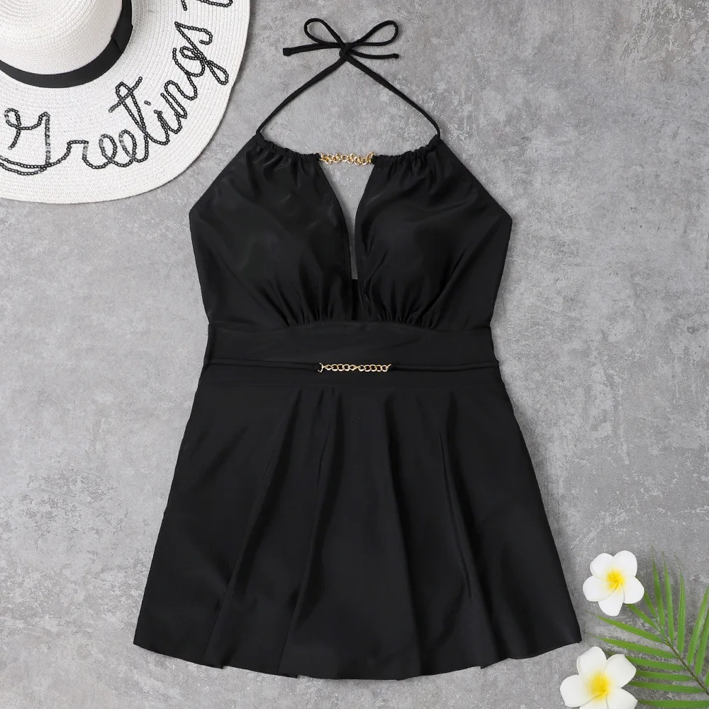 DAMOCHIC Custom Logo Wholesale Swimwear 1 Piece Black Halter Lace-Up Fat Women Beachwear with Skirt Plus Size Swimsuit 2023 OEM