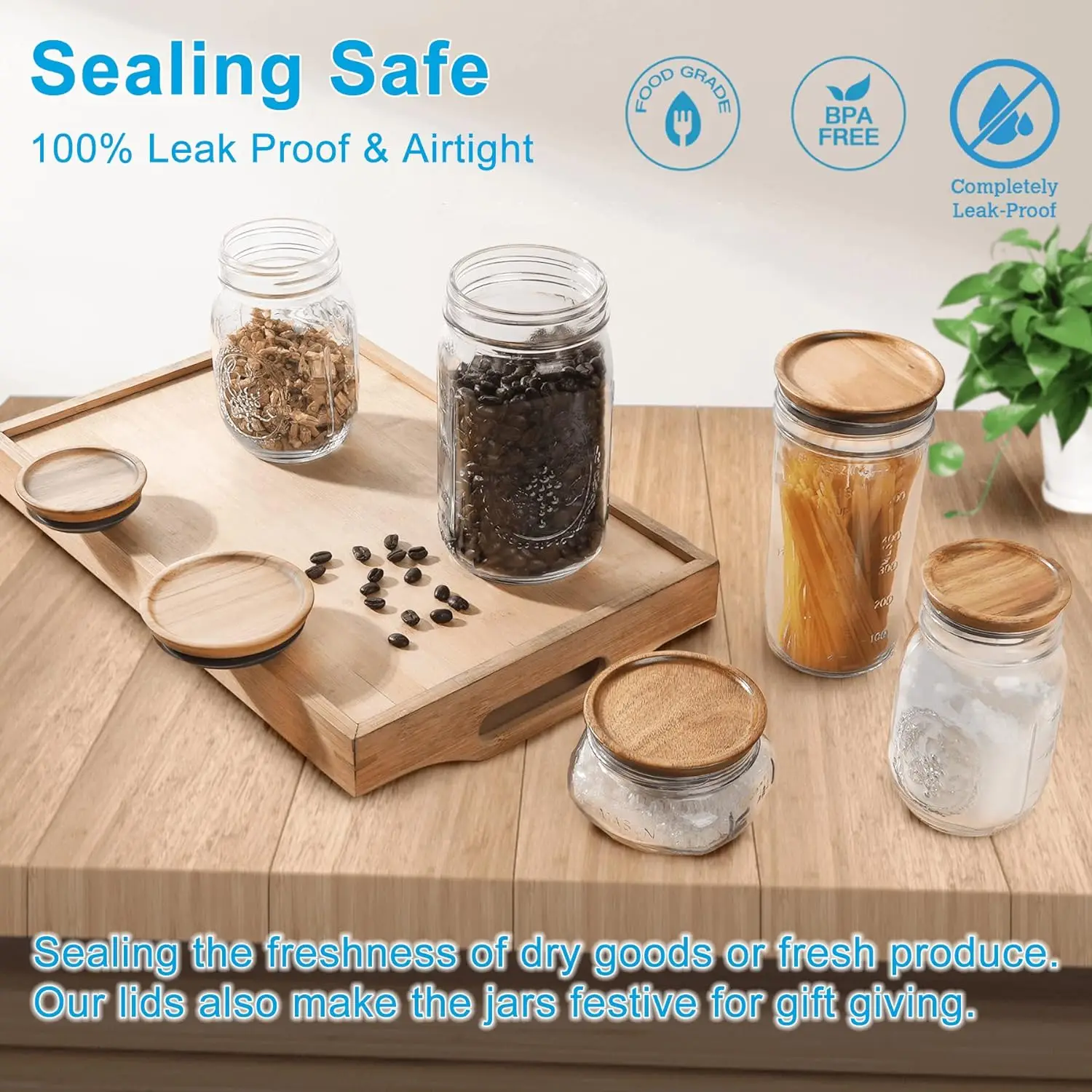 6 Pack Mason Jar Wooden Storage Lids, Reusable Canning Lids, Perfect for Wide Mouth Ball Weck Jars to Stack in Kitchen & Pantry