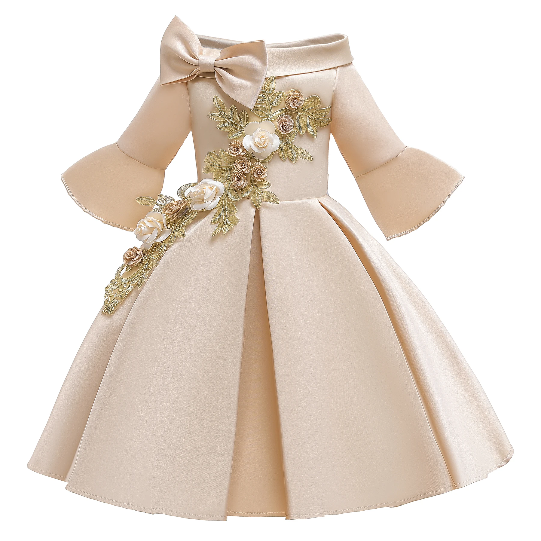 New arrivals fashion flare sleeve kids dress embroidered girl wedding dress