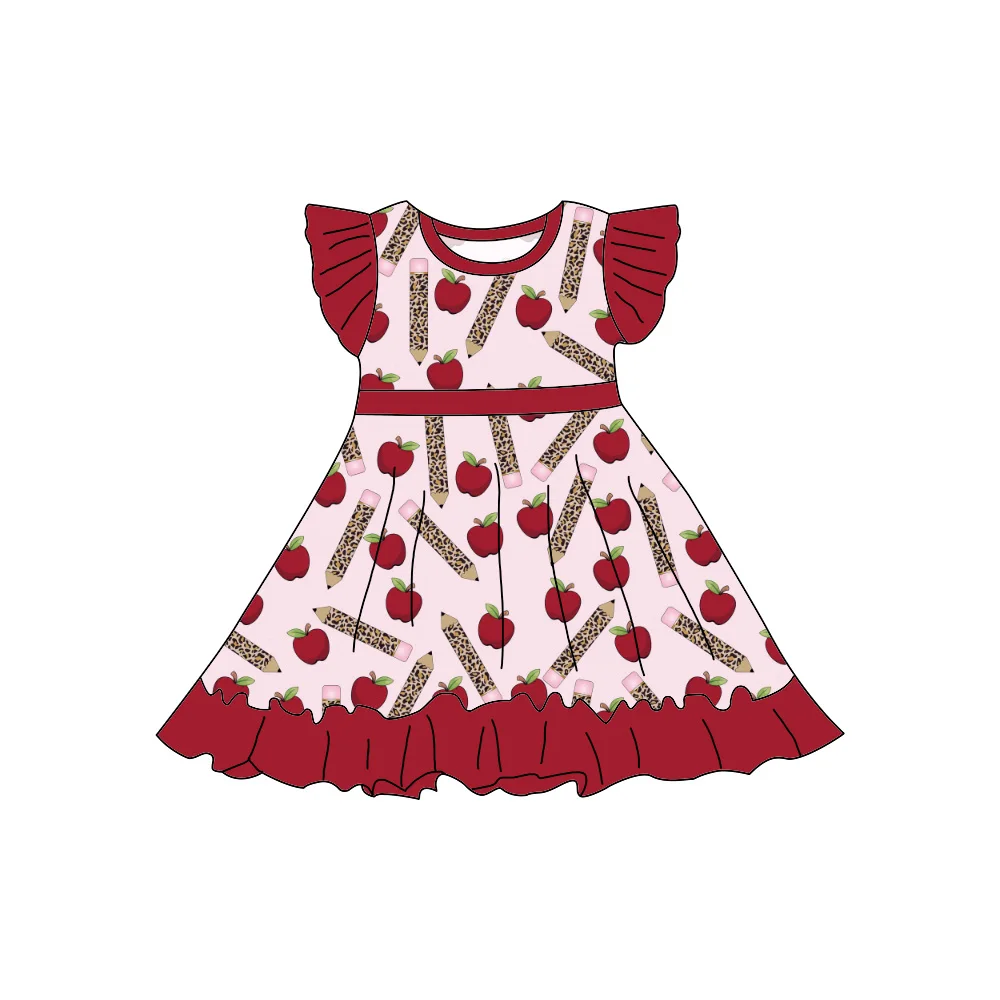 New Custom Baby Girl Apple Pencil Printed Dress Girls Back To School Summer Band Dresses For Kids