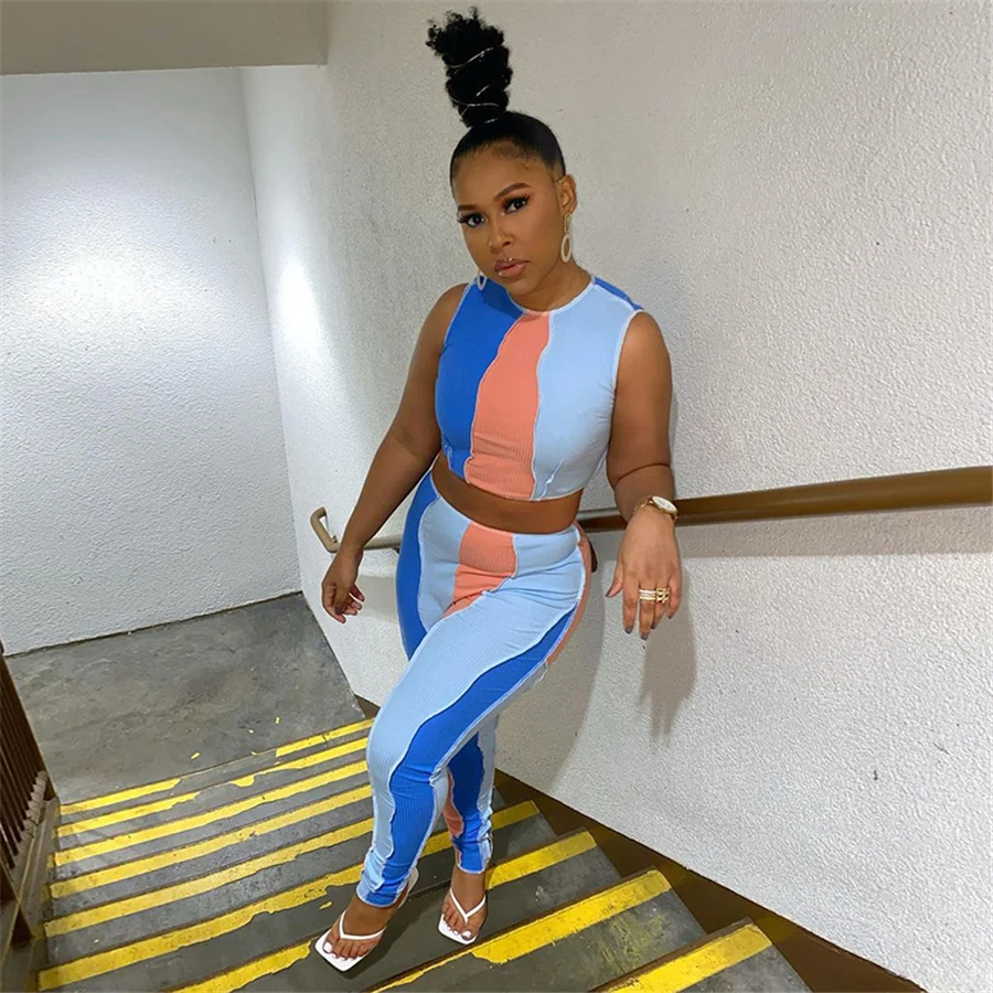 Nibber K21S01079 female summer contrast fitness sporty casual sleeveless ribbing 2piece set women