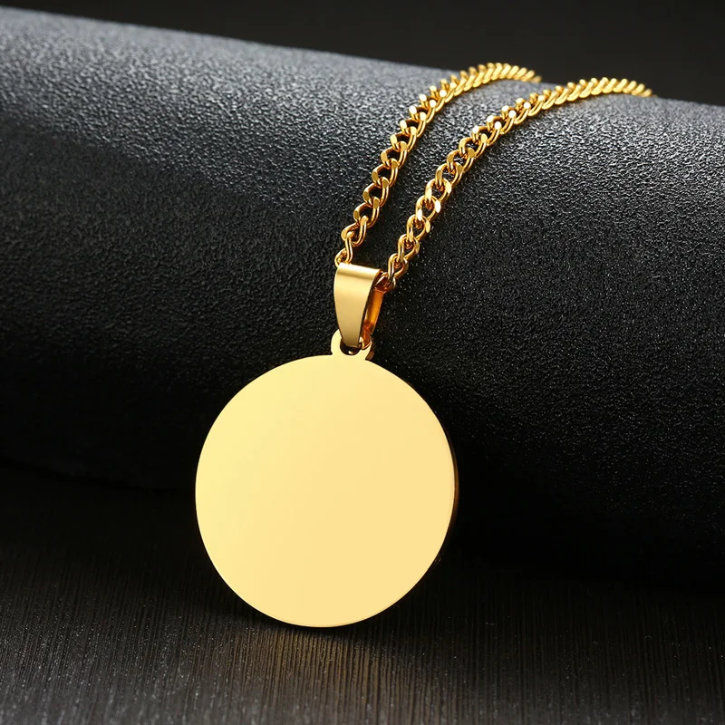 Custom jewelry making engraved logo stainless steel gold plated blank round disc pendant necklace