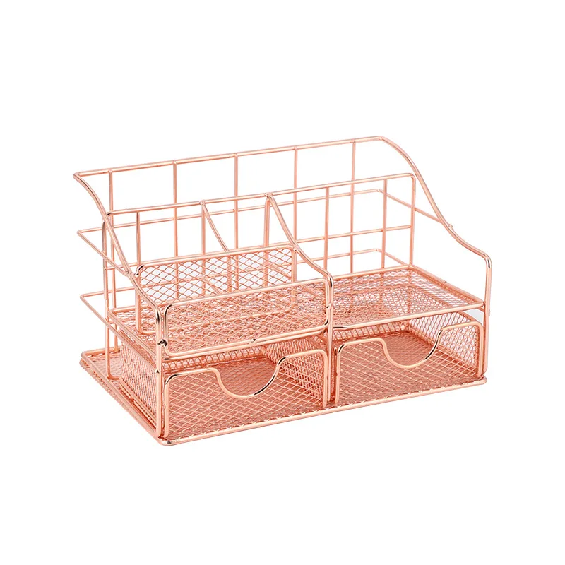 Wholesale factory price Metal Office supplies Rose Gold Mesh Desk Organizer Drawer Pen Pencil Holder