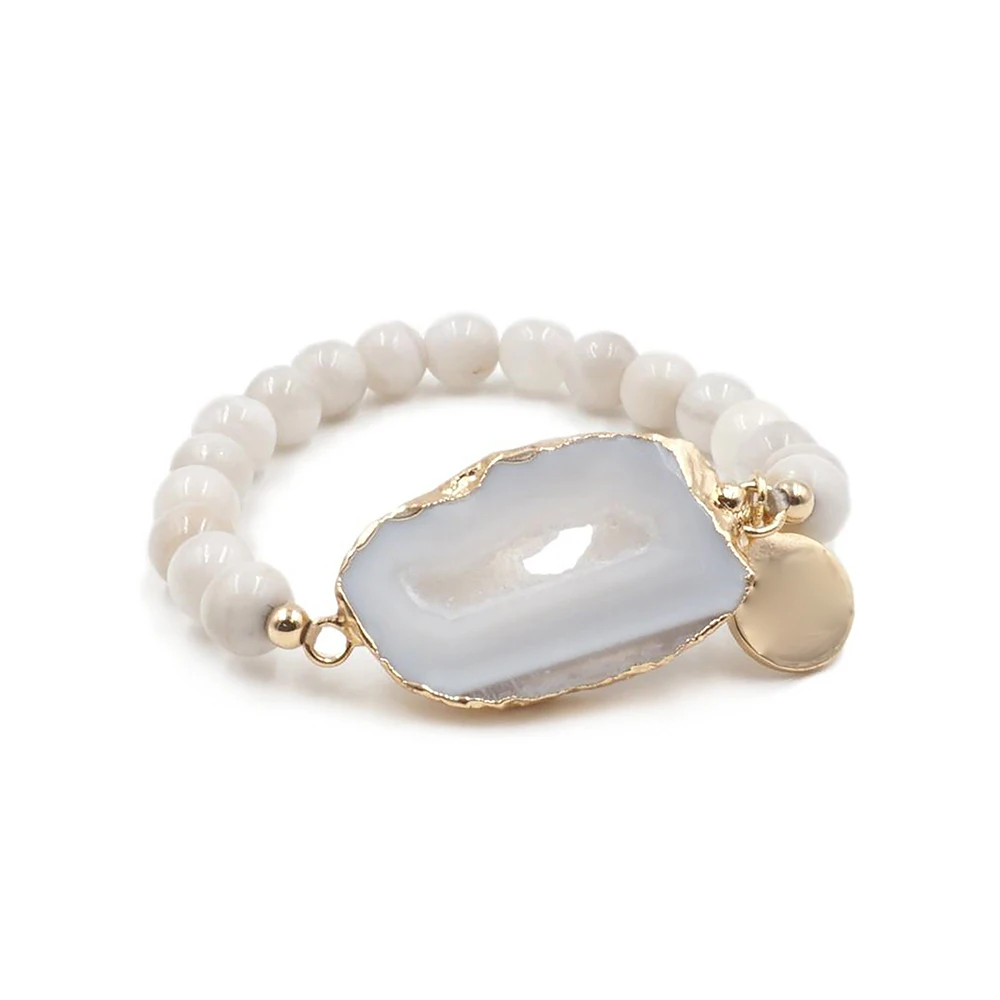 Bohemia Fashion Healing Jewelry, Natural White Agate Druzy Geode Slice Stretch Bracelet,Gift for Her