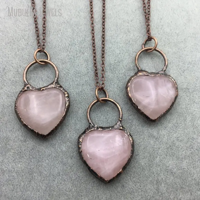 NM35254 Heart Stone Pendant Soldered Rose Quartz Crystal Heart Necklace Copper Plated Jewelry Valentines Day Gift