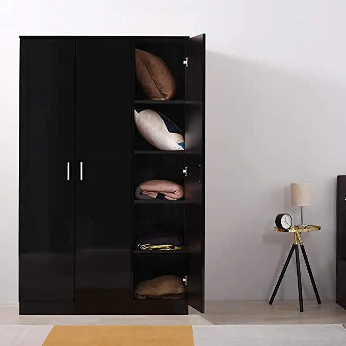 Modern 3 Doors Wardrobes Matte Solid Pine Wood Wardrobe with Hanging Rail Home Bedroom Furniture (Black)