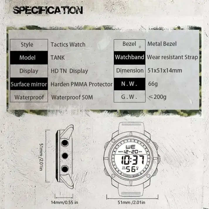 NORTH EDGE TANK Digital Chronograph Smart sports outdoor waterproof watches 1.55 -inch tactical luminous alarm clock For  Men