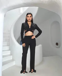 Fall 2022 Solid Blazers And Pants Two Piece Set Cross Straps Top Split Wide Leg Pants Two Piece Set Women Casual Clothing