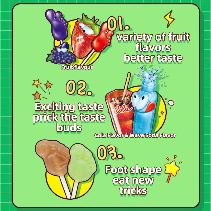 Chinese Snacks Fruit Lollipops Foot Shape Hard Candies healthy exotic bulk sour candy snack wholesale gourmet food candy bar