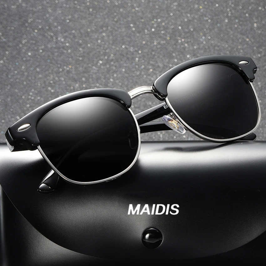 OEM UV400 Custom Logo Polarized Sunglasses Luxury Square Blue Metal Frame Black Semi Rimless High Glass Unisex Men Women