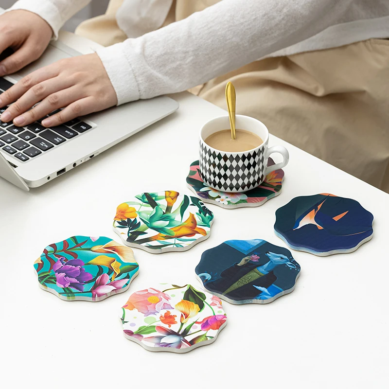 Wholesale Sandstone Coasters Promotional UV print Ceramic New shape Coasters With Cork for drink