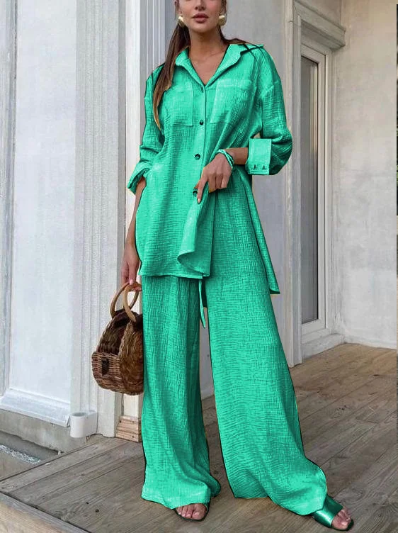 Custom two-piece women sets shirt long sleeve split blouse with wide leg trousers two-piece set