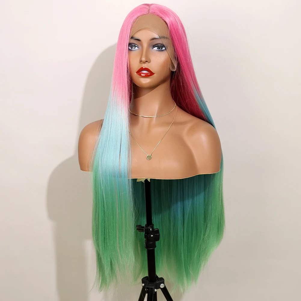 Synthetic Lace Wig Pink Ombre blue green Colorful Lace Wig With Natural Hairline Heat Resistant Hair Cosplay Halloween Wigs