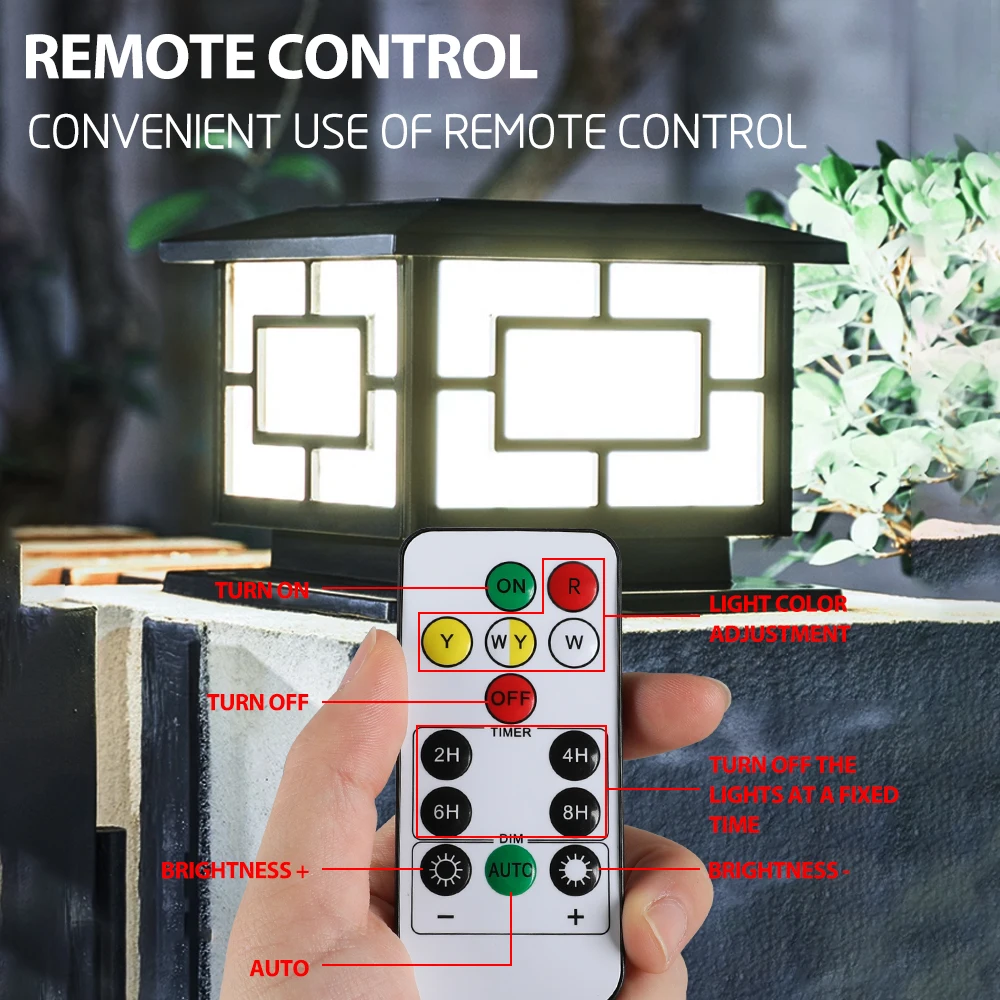 New high brightness LED Solar Garden Light outdoor waterproof IP65 4 light colors remote control solar charging Pillar lamp