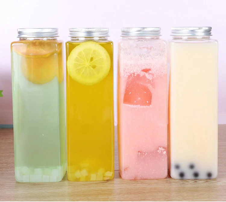 12oz 350ml Clear Reusable Juicing Smoothie Square Plastic Bottles With Caps Lids Juice Drink Containers With Lids For Fridge