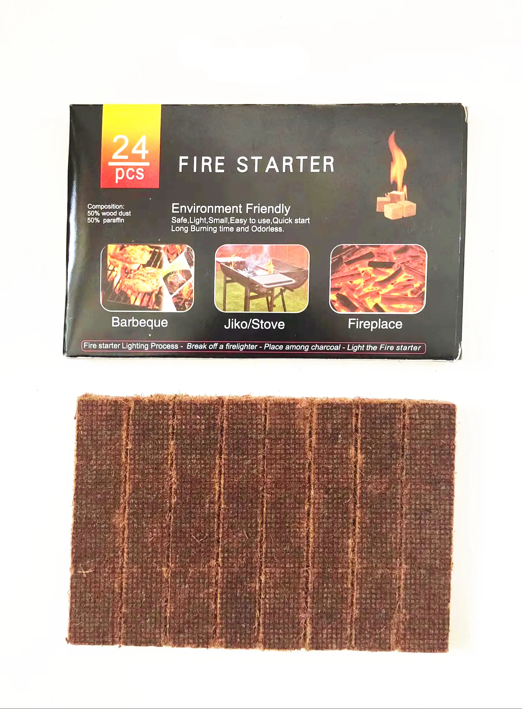 BBQ Grill Camping Firestrarter Wood Stove Smoker Pellets Lump Charcoal Fireplace 100% All Natural Wood Fire Starter 24 Squares