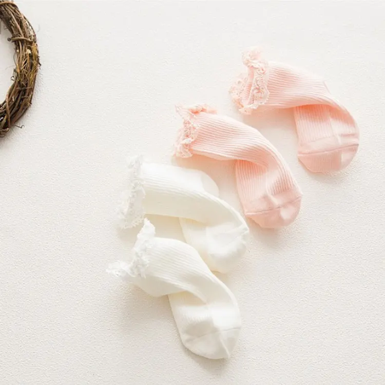 Wholesale Korean White Pink Socks Fancy Lace Infant Baby Socks for Girl Ruffle