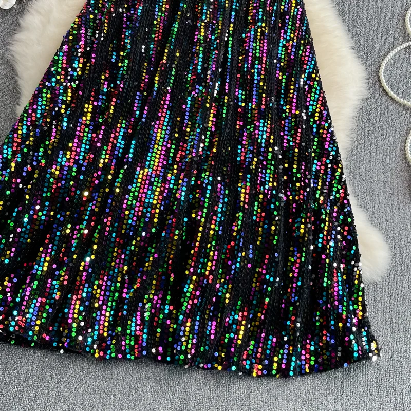 2023 Korean Version High Waist Thin Medium And Long Knee A-line Skirt Fashion Elastic Waist Sequin Large Swing Skirt