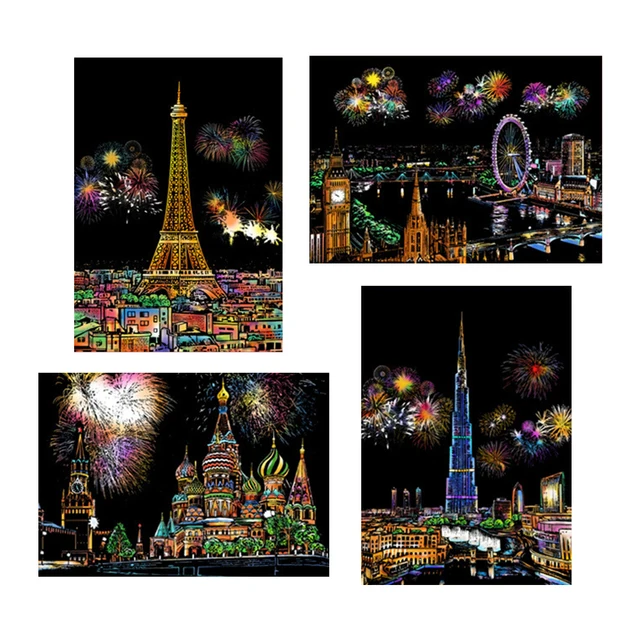 Colorful Magic Scraping Painting DIY Handmade Art Building City Night View Scratch Paper Drawing Board Card