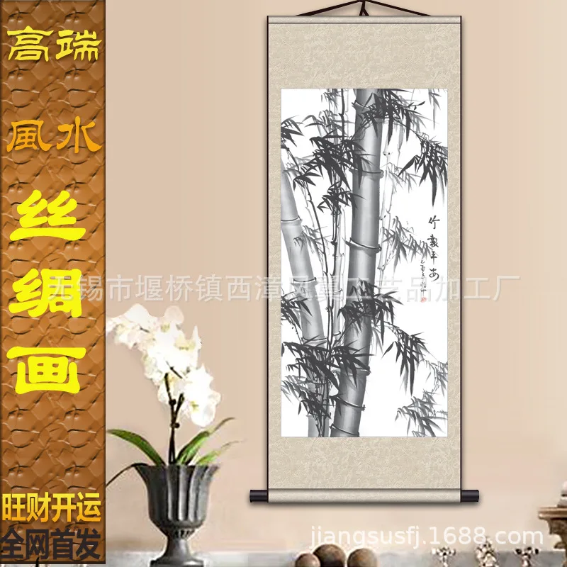 Living Room Office Study Hanging High Rise Silk Scroll Traditional Chinese Painting Coarse Ink Bamboo S034