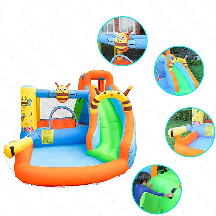 Cute Little Bee Design Inflatable Climbing Water Slide Bounce House with Spray Water Pool and Blower for Kids Outdoor Party Fun