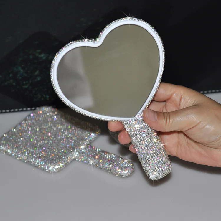Mirrors Rhinestone Held Bling Logo Heart Small Diamond Makeup  Light Wholesale Mini High Quality Glitter Custom Hand Mirror