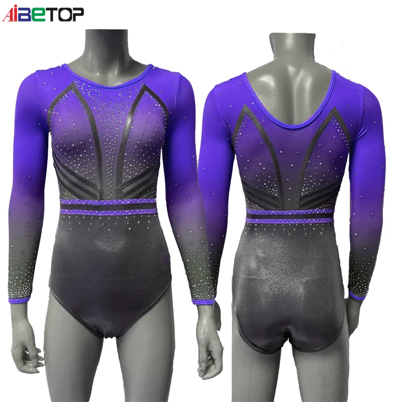 OEM Custom Fancy Ice Skating Dresses Wholesale Custom Rhinestone Long Sleeve Girls Gymnastics Leotards
