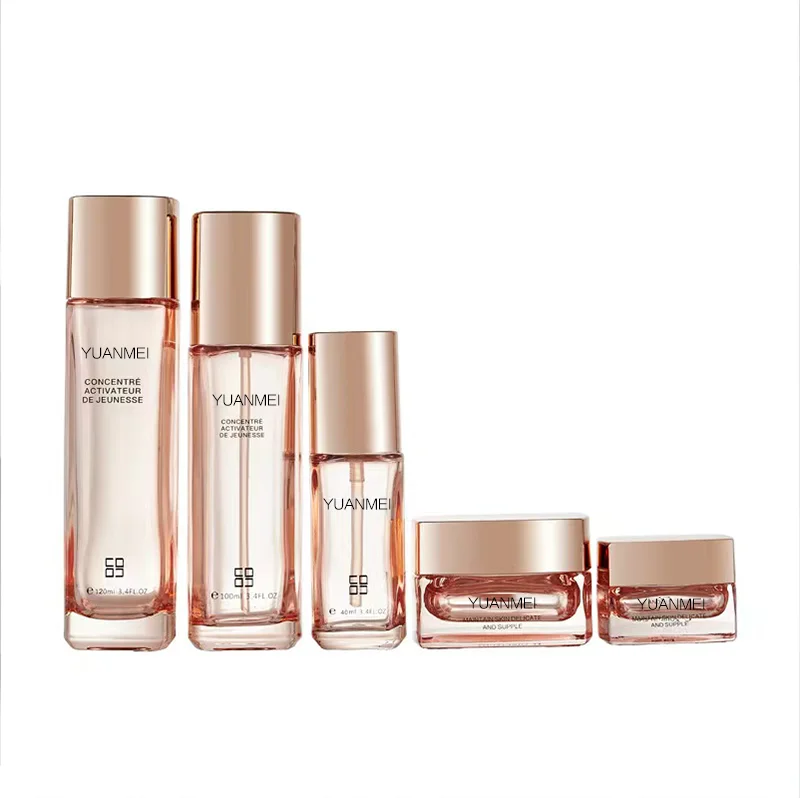Rose Gold Wholesale Cosmetic Skincare Packaging Sets Glass Cream Jar Glass Lotion Toner Bottle