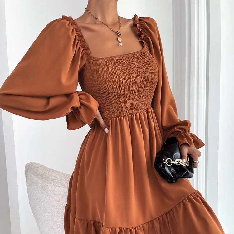 Women Summer Square Neck Shirred Bodice Flounce Sleeve Ruffle Hem Casual Dresses