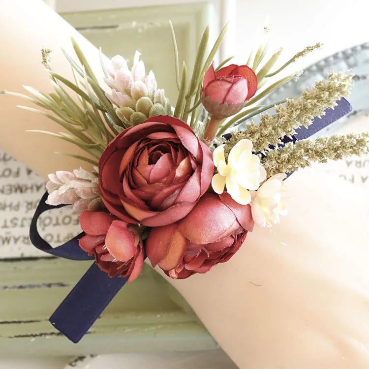 Wholesale Wedding Prom Red Rose Artificial Silk Flower Bride Bridesmaid Ribbon Bracelet Wedding Wrist Corsage