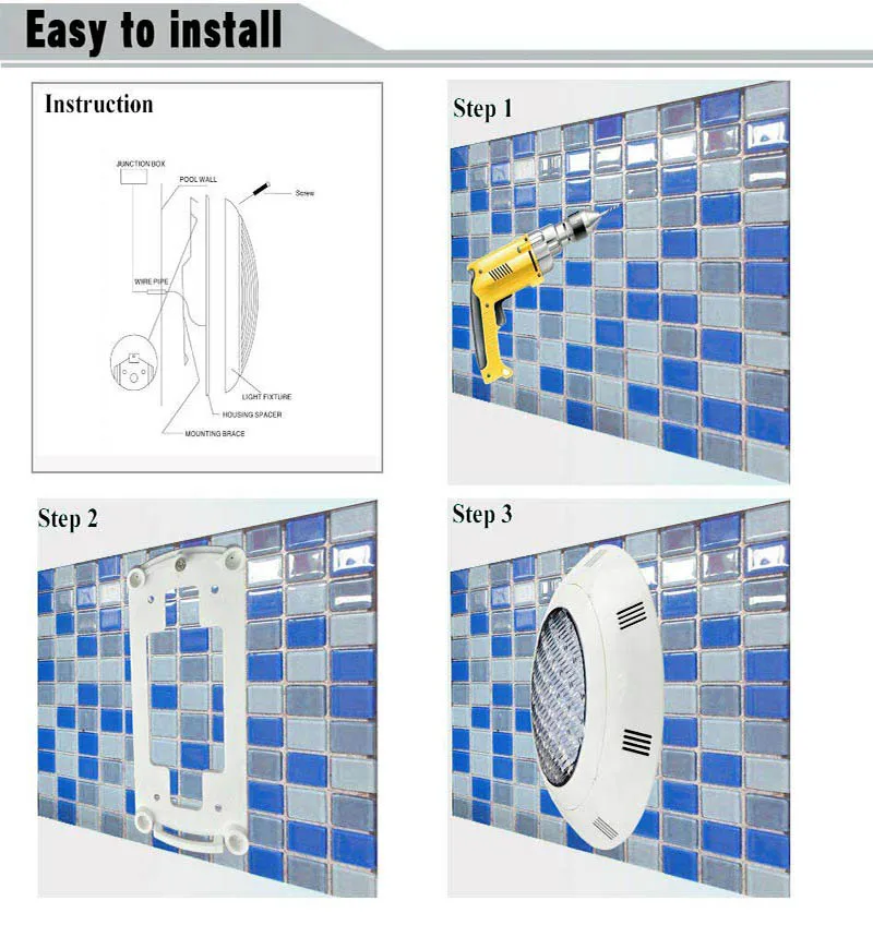 HOTOOK Wall Mounted Pool LED Lamp IP68 Waterproof Blue Swimming Pool Light 12V