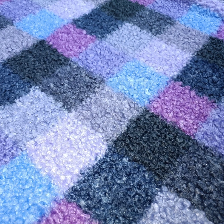 Home Textile Super Soft Blue Custom Color 100% Polyester Plaid Short Sherpa Curly Faux Fur Fabric