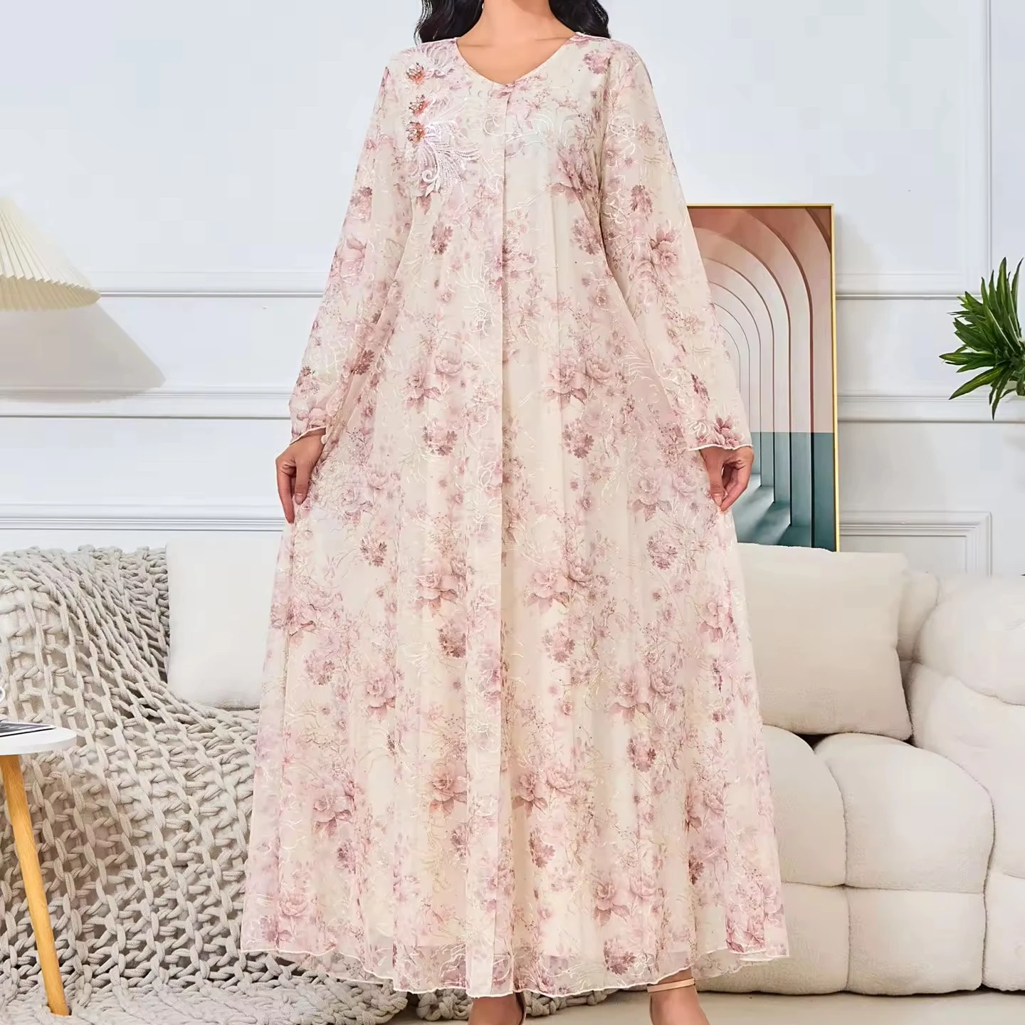 Wholesale sales OEM ODM 2024 long-sleeved new printed large swing skirt abaya fashion casual dress