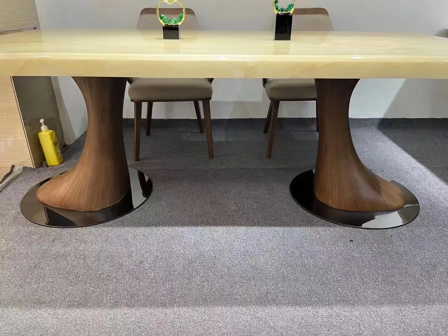 High quality customized size color wood table restaurant furniture wooden tables curved base wooden table