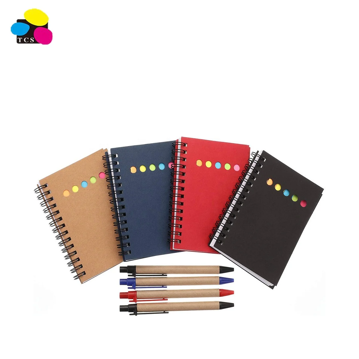 
Cheap price good quality 4 Pieces Kraft Paper Pocket Business Spiral Lined Notebook with Pen in Holder and Sticky Tabs 