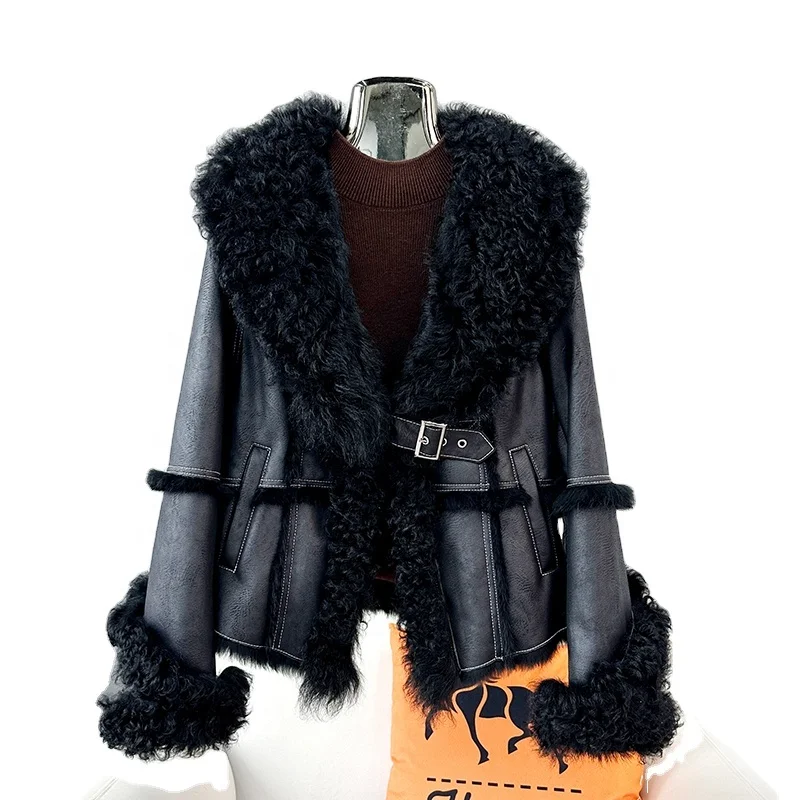 2023 New Women Girl Rabbit Fur Warm Slim Jackets Female Lady Curly Wool Collar Coat Winter Overcoat JT3474