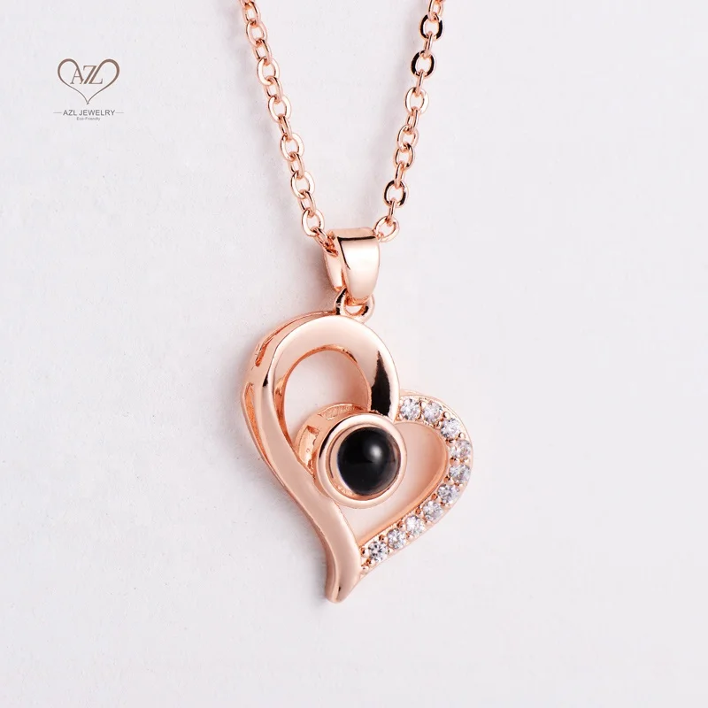 Aizhilin Collier Femme Rose Gold Plated  Diamond Heart Sublimation Picture Projection Necklace Valentines Day Gifts For Women